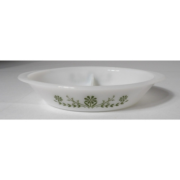 Vintage Glasbake White Green Daisy Flower Oval Divided Casserole Dish Qt - Picture 2 of 11